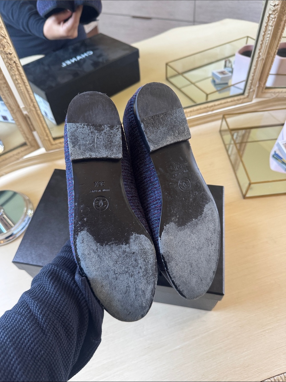CHANEL Navy Tweed & Black Cap-Toe Ballet Flats - Picture 6 of 6